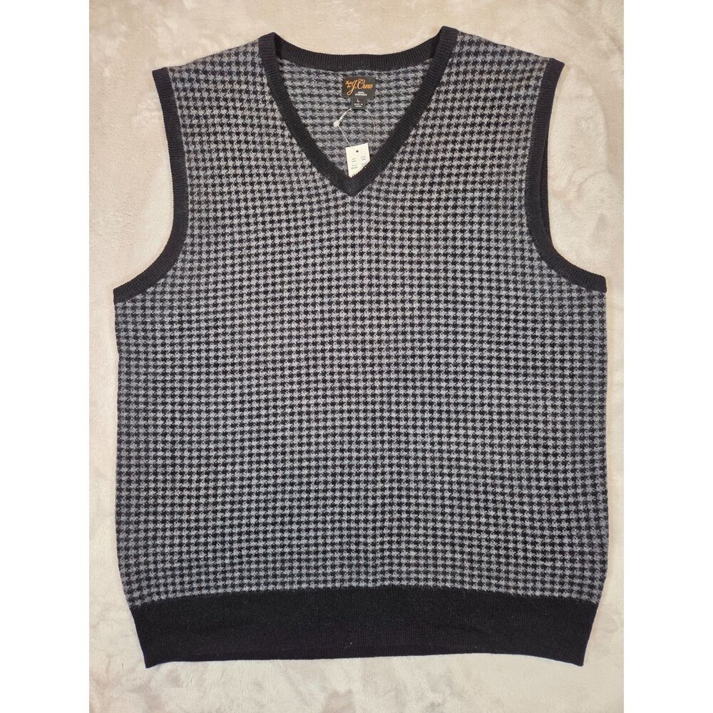 NWT J.Crew Cashmere Houndstooth Sweater Vest Men’s L Black Gray Preppy